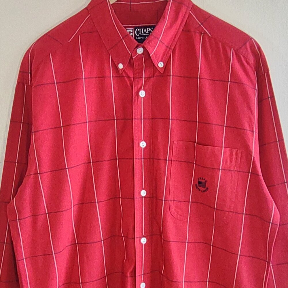 Vintage Ralph Lauren Chaps Mens Shirt Sz Large Windowpane Plaid Flag Logo - Picture 4 of 12